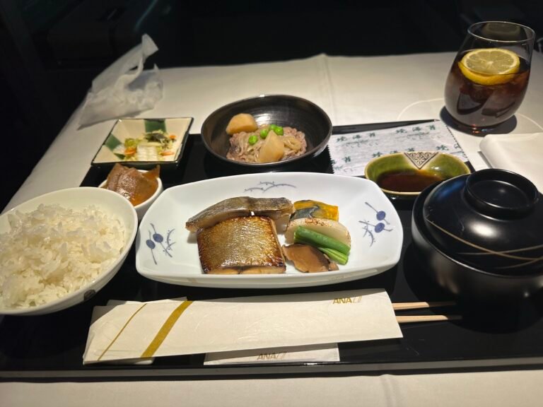 the meal onboard ANA First Class "The Suite". A mixed Japanese dish