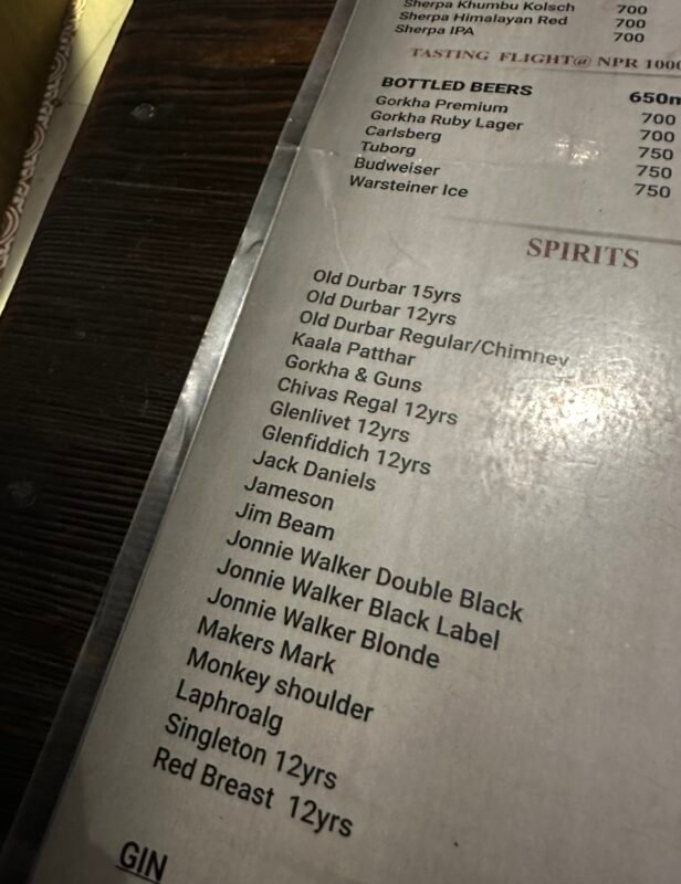 The menu at house of beers in kathmandu