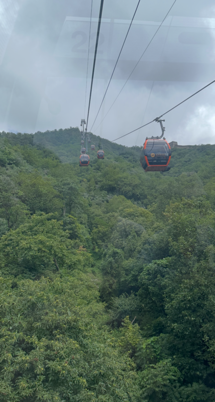 riding the cable car up to the Mutianyu section of the Great Wall of China