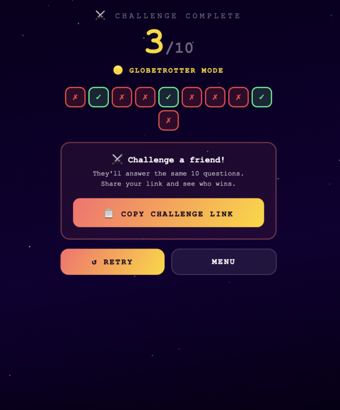 Challenge mode on Dopegeo, the geography game. Play against friends!